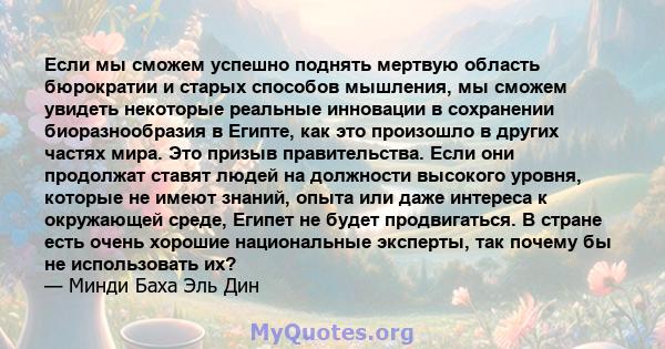 Если мы сможем успешно поднять мертвую область бюрократии и старых способов мышления, мы сможем увидеть некоторые реальные инновации в сохранении биоразнообразия в Египте, как это произошло в других частях мира. Это