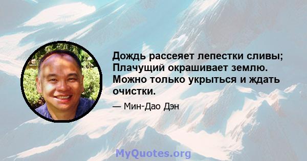 Дождь рассеяет лепестки сливы; Плачущий окрашивает землю. Можно только укрыться и ждать очистки.