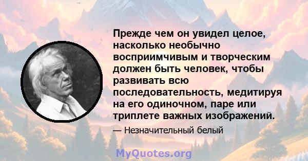 Прежде чем он увидел целое, насколько необычно восприимчивым и творческим должен быть человек, чтобы развивать всю последовательность, медитируя на его одиночном, паре или триплете важных изображений.