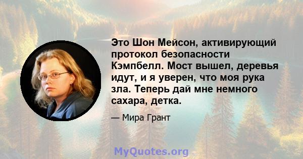 Это Шон Мейсон, активирующий протокол безопасности Кэмпбелл. Мост вышел, деревья идут, и я уверен, что моя рука зла. Теперь дай мне немного сахара, детка.