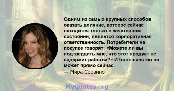 Одним из самых крупных способов оказать влияние, которое сейчас находится только в зачаточном состоянии, является корпоративная ответственность. Потребители на покупке говорят: «Можете ли вы подтвердить мне, что этот