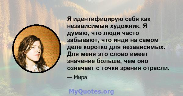 Я идентифицирую себя как независимый художник. Я думаю, что люди часто забывают, что инди на самом деле коротко для независимых. Для меня это слово имеет значение больше, чем оно означает с точки зрения отрасли.