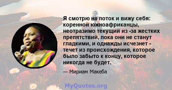 Я смотрю на поток и вижу себя: коренной южноафриканцы, неотразимо текущий из -за жестких препятствий, пока они не станут гладкими, и однажды исчезнет - течет из происхождения, которое было забыто к концу, которое