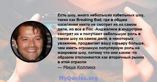 Есть шоу, много небольших кабельных шоу, таких как Breaking Bad, где в общем населении никто не смотрит их на самом деле, но все в Лос -Анджелесе в индустрии смотрят их и получают небольшую роль в таком шоу на самом