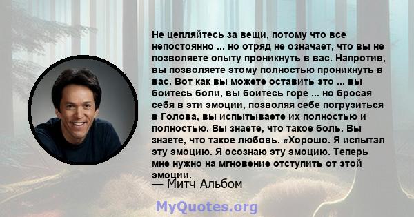 Не цепляйтесь за вещи, потому что все непостоянно ... но отряд не означает, что вы не позволяете опыту проникнуть в вас. Напротив, вы позволяете этому полностью проникнуть в вас. Вот как вы можете оставить это ... вы