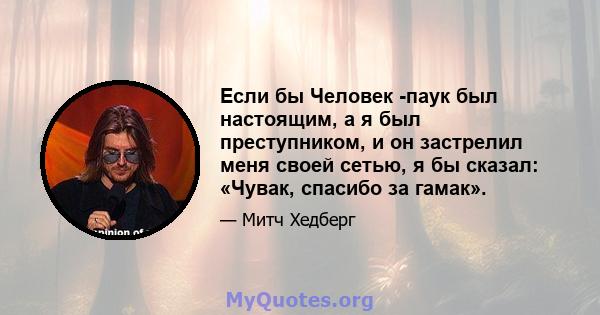 Если бы Человек -паук был настоящим, а я был преступником, и он застрелил меня своей сетью, я бы сказал: «Чувак, спасибо за гамак».