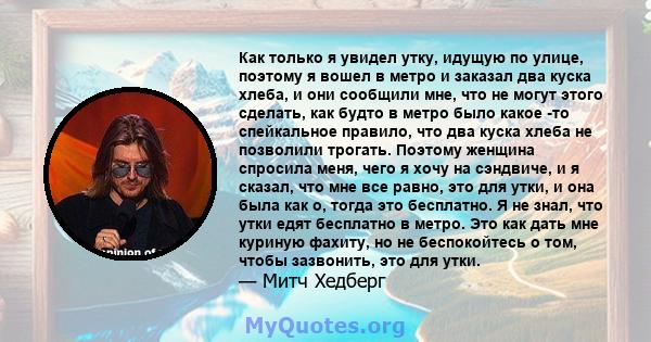 Как только я увидел утку, идущую по улице, поэтому я вошел в метро и заказал два куска хлеба, и они сообщили мне, что не могут этого сделать, как будто в метро было какое -то спейкальное правило, что два куска хлеба не