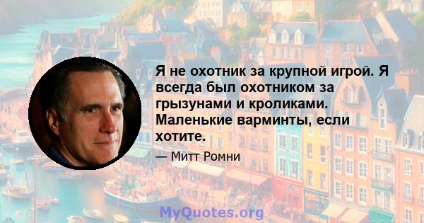 Я не охотник за крупной игрой. Я всегда был охотником за грызунами и кроликами. Маленькие варминты, если хотите.