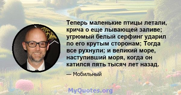 Теперь маленькие птицы летали, крича о еще лывающей заливе; угрюмый белый серфинг ударил по его крутым сторонам; Тогда все рухнули; и великий море, наступивший моря, когда он катился пять тысяч лет назад.