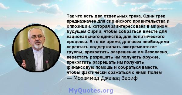 Так что есть два отдельных трека. Один трек предназначен для сирийского правительства и оппозиции, которая заинтересована в мирном будущем Сирии, чтобы собраться вместе для национального единства, для политического