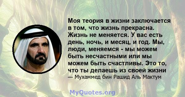 Моя теория в жизни заключается в том, что жизнь прекрасна. Жизнь не меняется. У вас есть день, ночь, и месяц, и год. Мы, люди, меняемся - мы можем быть несчастными или мы можем быть счастливы. Это то, что ты делаешь из