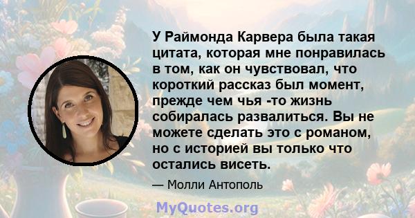 У Раймонда Карвера была такая цитата, которая мне понравилась в том, как он чувствовал, что короткий рассказ был момент, прежде чем чья -то жизнь собиралась развалиться. Вы не можете сделать это с романом, но с историей 