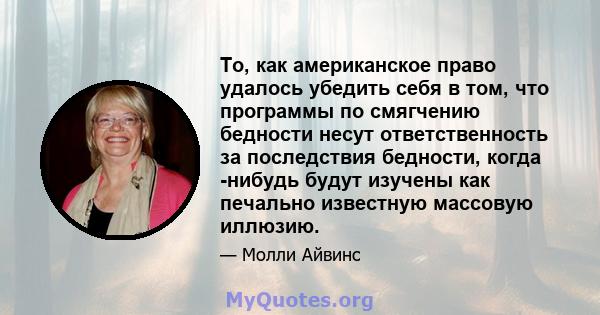 То, как американское право удалось убедить себя в том, что программы по смягчению бедности несут ответственность за последствия бедности, когда -нибудь будут изучены как печально известную массовую иллюзию.