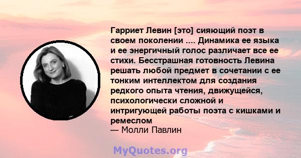 Гарриет Левин [это] сияющий поэт в своем поколении .... Динамика ее языка и ее энергичный голос различает все ее стихи. Бесстрашная готовность Левина решать любой предмет в сочетании с ее тонким интеллектом для создания 