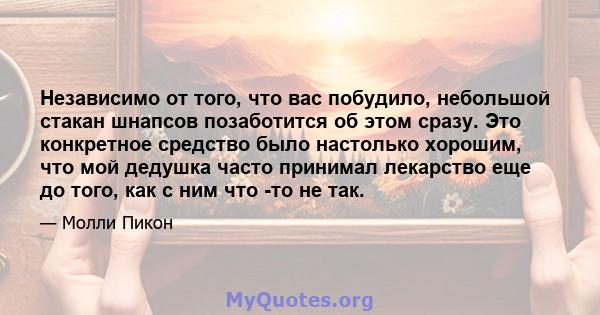 Независимо от того, что вас побудило, небольшой стакан шнапсов позаботится об этом сразу. Это конкретное средство было настолько хорошим, что мой дедушка часто принимал лекарство еще до того, как с ним что -то не так.