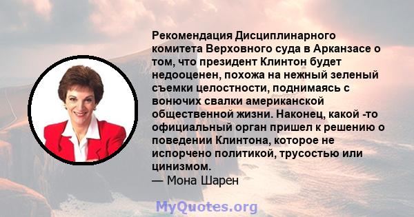 Рекомендация Дисциплинарного комитета Верховного суда в Арканзасе о том, что президент Клинтон будет недооценен, похожа на нежный зеленый съемки целостности, поднимаясь с вонючих свалки американской общественной жизни.