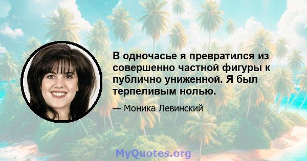 В одночасье я превратился из совершенно частной фигуры к публично униженной. Я был терпеливым нолью.