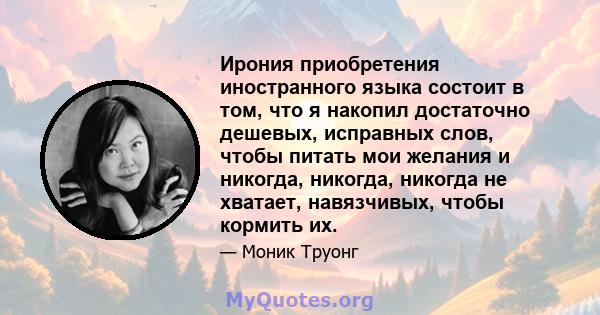 Ирония приобретения иностранного языка состоит в том, что я накопил достаточно дешевых, исправных слов, чтобы питать мои желания и никогда, никогда, никогда не хватает, навязчивых, чтобы кормить их.