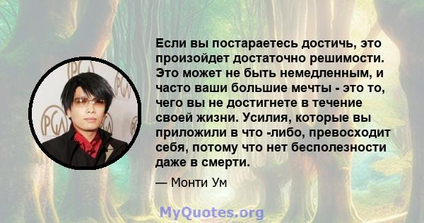 Если вы постараетесь достичь, это произойдет достаточно решимости. Это может не быть немедленным, и часто ваши большие мечты - это то, чего вы не достигнете в течение своей жизни. Усилия, которые вы приложили в что