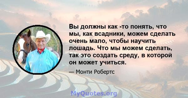 Вы должны как -то понять, что мы, как всадники, можем сделать очень мало, чтобы научить лошадь. Что мы можем сделать, так это создать среду, в которой он может учиться.