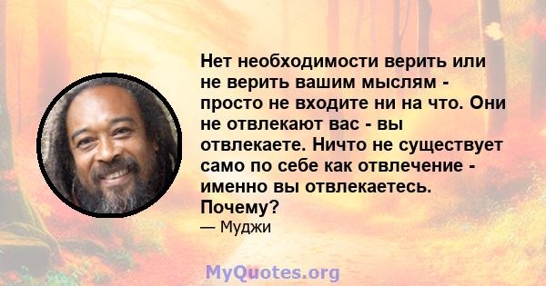 Нет необходимости верить или не верить вашим мыслям - просто не входите ни на что. Они не отвлекают вас - вы отвлекаете. Ничто не существует само по себе как отвлечение - именно вы отвлекаетесь. Почему?