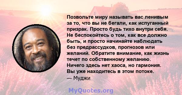 Позвольте миру называть вас ленивым за то, что вы не бегали, как испуганный призрак. Просто будь тихо внутри себя. Не беспокойтесь о том, как все должно быть, и просто начинайте наблюдать без предрассудков, прогнозов