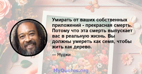 Умирать от ваших собственных приложений - прекрасная смерть. Потому что эта смерть выпускает вас в реальную жизнь. Вы должны умереть как семя, чтобы жить как дерево.