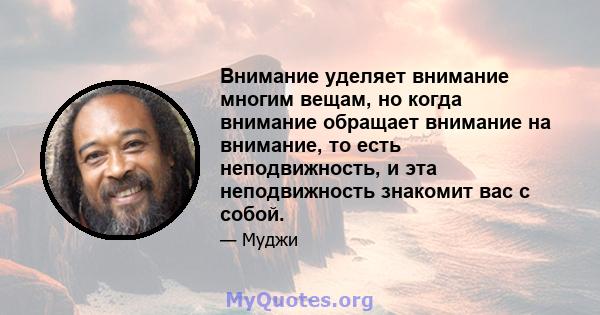 Внимание уделяет внимание многим вещам, но когда внимание обращает внимание на внимание, то есть неподвижность, и эта неподвижность знакомит вас с собой.