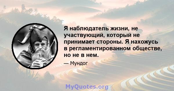 Я наблюдатель жизни, не участвующий, который не принимает стороны. Я нахожусь в регламентированном обществе, но не в нем.