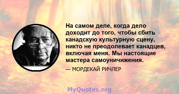 На самом деле, когда дело доходит до того, чтобы сбить канадскую культурную сцену, никто не преодолевает канадцев, включая меня. Мы настоящие мастера самоуничижения.