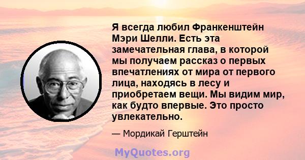 Я всегда любил Франкенштейн Мэри Шелли. Есть эта замечательная глава, в которой мы получаем рассказ о первых впечатлениях от мира от первого лица, находясь в лесу и приобретаем вещи. Мы видим мир, как будто впервые. Это 