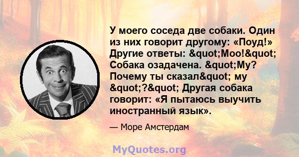 У моего соседа две собаки. Один из них говорит другому: «Поуд!» Другие ответы: "Moo!" Собака озадачена. "Му? Почему ты сказал" му "?" Другая собака говорит: «Я пытаюсь выучить иностранный