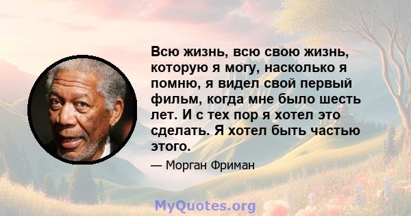 Всю жизнь, всю свою жизнь, которую я могу, насколько я помню, я видел свой первый фильм, когда мне было шесть лет. И с тех пор я хотел это сделать. Я хотел быть частью этого.