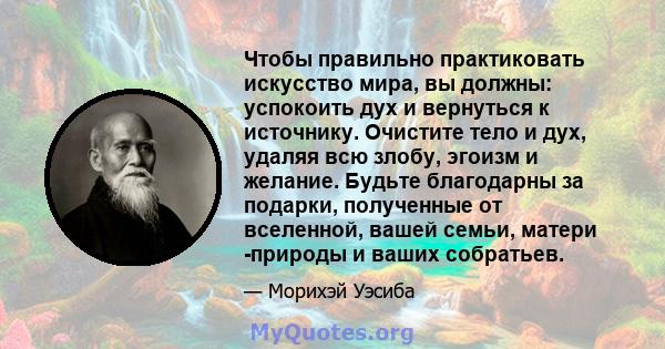 Чтобы правильно практиковать искусство мира, вы должны: успокоить дух и вернуться к источнику. Очистите тело и дух, удаляя всю злобу, эгоизм и желание. Будьте благодарны за подарки, полученные от вселенной, вашей семьи, 