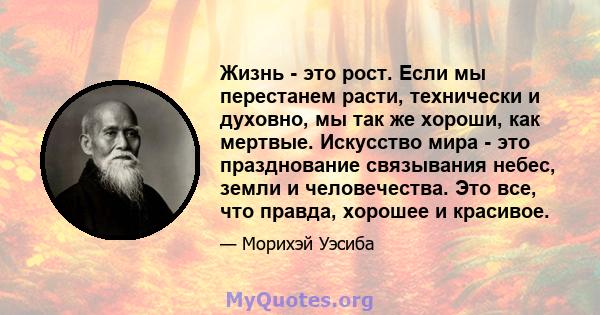 Жизнь - это рост. Если мы перестанем расти, технически и духовно, мы так же хороши, как мертвые. Искусство мира - это празднование связывания небес, земли и человечества. Это все, что правда, хорошее и красивое.