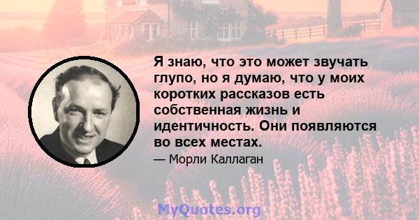 Я знаю, что это может звучать глупо, но я думаю, что у моих коротких рассказов есть собственная жизнь и идентичность. Они появляются во всех местах.