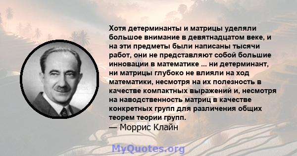 Хотя детерминанты и матрицы уделяли большое внимание в девятнадцатом веке, и на эти предметы были написаны тысячи работ, они не представляют собой большие инновации в математике ... ни детерминант, ни матрицы глубоко не 