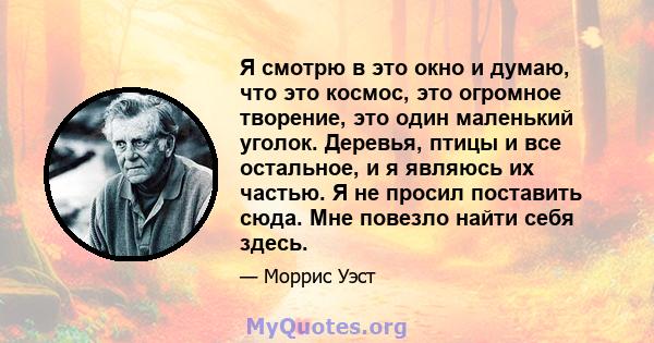 Я смотрю в это окно и думаю, что это космос, это огромное творение, это один маленький уголок. Деревья, птицы и все остальное, и я являюсь их частью. Я не просил поставить сюда. Мне повезло найти себя здесь.