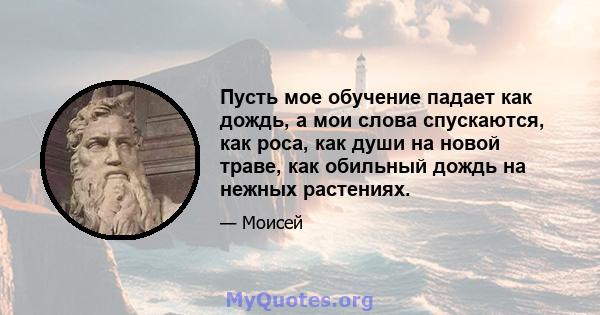 Пусть мое обучение падает как дождь, а мои слова спускаются, как роса, как души на новой траве, как обильный дождь на нежных растениях.