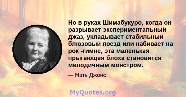 Но в руках Шимабукуро, когда он разрывает экспериментальный джаз, укладывает стабильный блюзовый поезд или набивает на рок -гимне, эта маленькая прыгающая блоха становится мелодичным монстром.