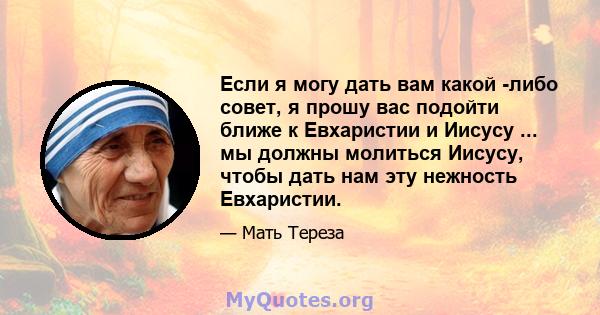 Если я могу дать вам какой -либо совет, я прошу вас подойти ближе к Евхаристии и Иисусу ... мы должны молиться Иисусу, чтобы дать нам эту нежность Евхаристии.