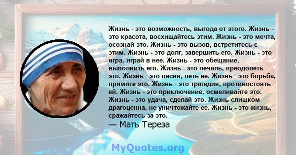 Жизнь - это возможность, выгода от этого. Жизнь - это красота, восхищайтесь этим. Жизнь - это мечта, осознай это. Жизнь - это вызов, встретитесь с этим. Жизнь - это долг, завершить его. Жизнь - это игра, играй в нее.