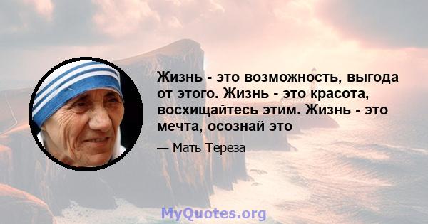 Жизнь - это возможность, выгода от этого. Жизнь - это красота, восхищайтесь этим. Жизнь - это мечта, осознай это