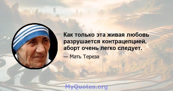 Как только эта живая любовь разрушается контрацепцией, аборт очень легко следует.