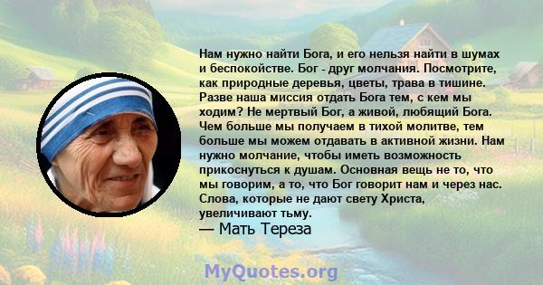 Нам нужно найти Бога, и его нельзя найти в шумах и беспокойстве. Бог - друг молчания. Посмотрите, как природные деревья, цветы, трава в тишине. Разве наша миссия отдать Бога тем, с кем мы ходим? Не мертвый Бог, а живой, 