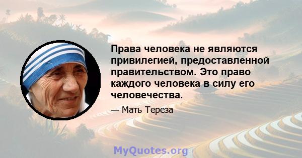 Права человека не являются привилегией, предоставленной правительством. Это право каждого человека в силу его человечества.