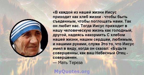 «В каждой из нашей жизни Иисус приходит как хлеб жизни - чтобы быть съеденным, чтобы поглощать нами. Так он любит нас. Тогда Иисус приходит в нашу человеческую жизнь как голодный, другой, надеясь накормить С хлебом