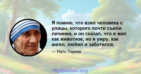 Я помню, что взял человека с улицы, которого почти съели личинки, и он сказал, что я жил как животное, но я умру, как ангел, любил и заботился.