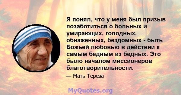 Я понял, что у меня был призыв позаботиться о больных и умирающих, голодных, обнаженных, бездомных - быть Божьей любовью в действии к самым бедным из бедных. Это было началом миссионеров благотворительности.