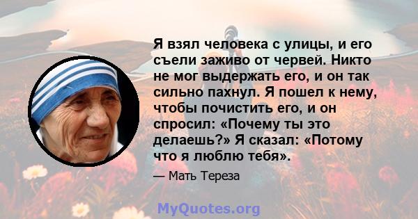 Я взял человека с улицы, и его съели заживо от червей. Никто не мог выдержать его, и он так сильно пахнул. Я пошел к нему, чтобы почистить его, и он спросил: «Почему ты это делаешь?» Я сказал: «Потому что я люблю тебя».